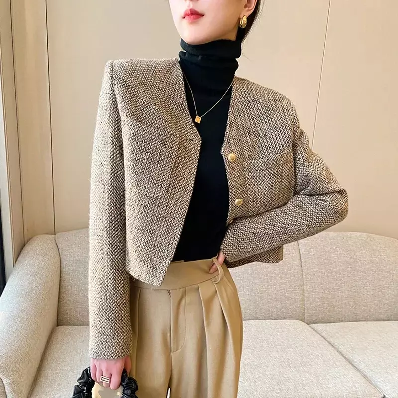 Veste coréenne à simple boutonnage pour femme, manteau élégant, col rond, rétro, bureau, dame, simple, décontracté, design de luxe, haut trempé à manches longues
