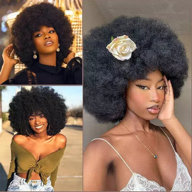 Peruka z kręconych włosów typu Kinky Afro z grzywką krótkie puszyste włosy peruki dla czarnych kobiet syntetyczny Ombre bezklejowy Cosplay naturalna brązowa czarny róż
