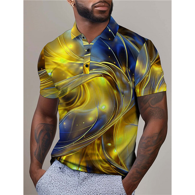 남성용 3D 프린트 광학 착시 그래픽 폴로 셔츠, 야외 데일리 웨어, 골프 셔츠, 스트리트웨어, 반팔 턴다운 폴로 셔츠