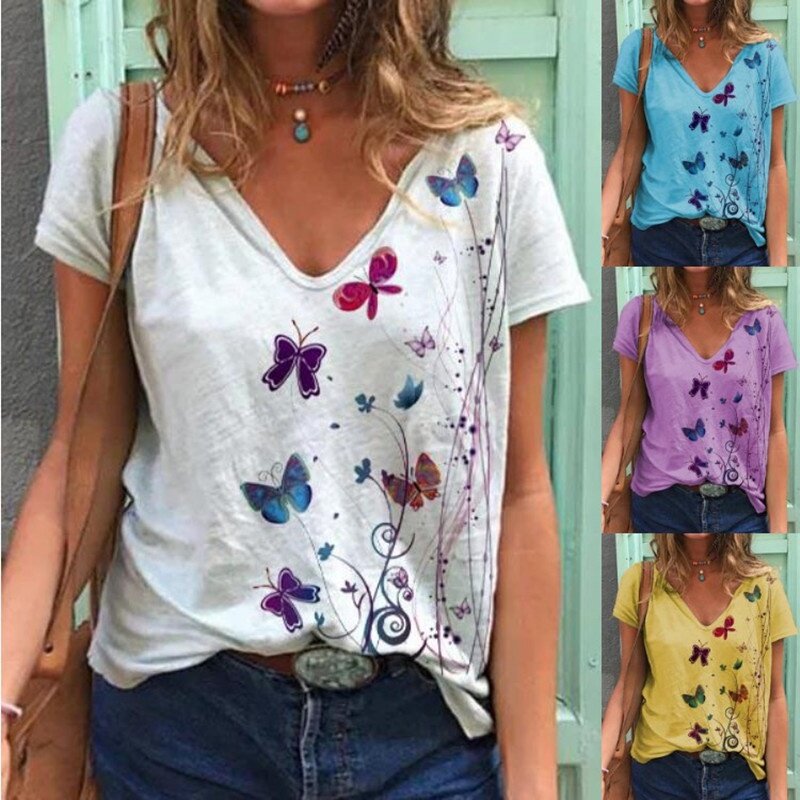 T-shirt à manches courtes imprimé papillon graphique pour femme, t-shirt en coton ample, tout match, mode estivale, 2023