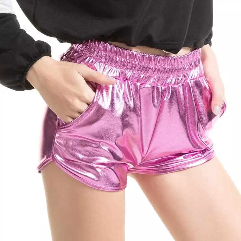 Letnie damskie metaliczne szorty z elastyczną talią błyszczące spodnie Rave Dance Booty spodenki z kieszeniami seksowne spodnie szorty klubowe
