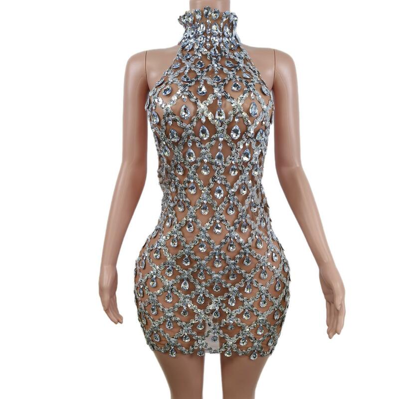 새로운 트렌드 제품 스파크 다이아몬드 화려한 드레스 높은 목 섹시한 칵테일 드레스 파티 Y2301009