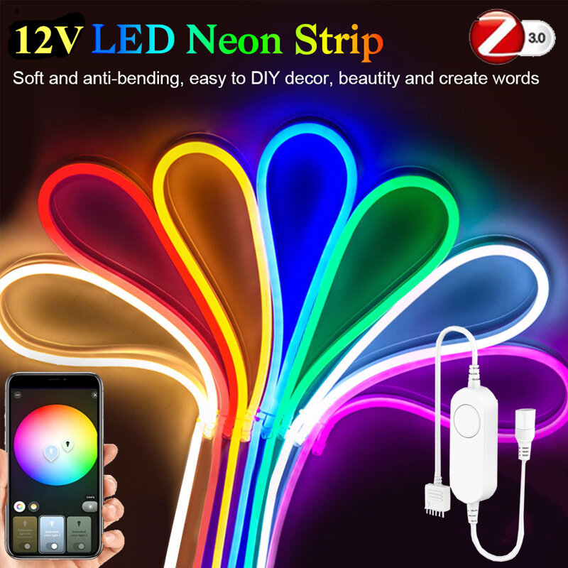 Neon RGB LED Strip Zigbee 3.0, Controle Inteligente, Retroiluminação Regulável, Solf Tape Lamp, Luz do Gabinete do Quarto, Tuya Zigbee para Alexa, 12V
