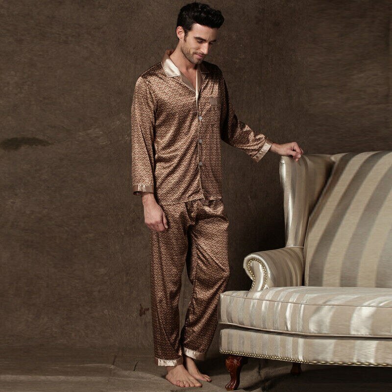 Setelan piyama sutra noda untuk pria, pakaian tidur sutra bermotif, piyama tidur nyaman lembut Satin rumah untuk pria