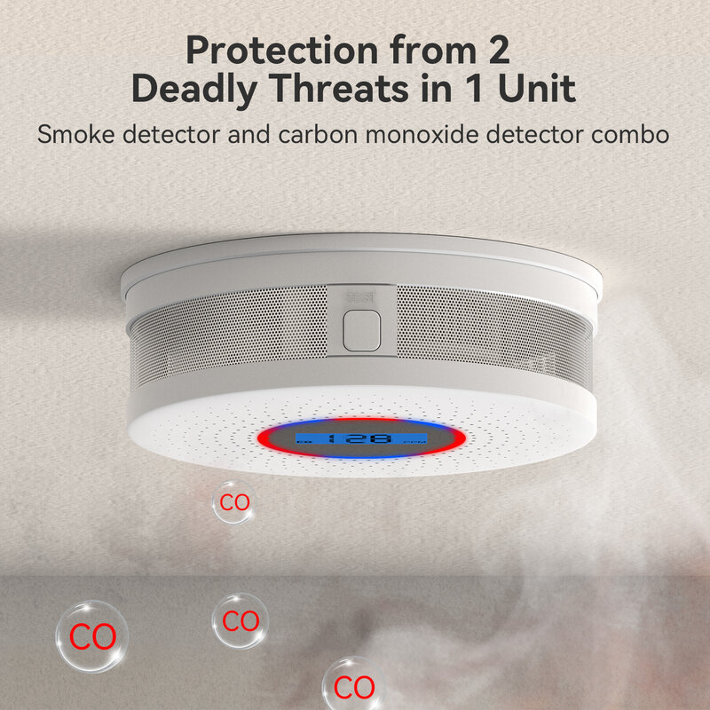 CPVAN-Detector de Fumaça e Monóxido de Carbono, Sensor Duplo, Display Digital, Home Security Protection, Smoke & CO Alarm
