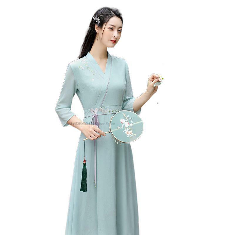Estilo Oriental Tradicional Chinês Melhorado Vestido Hanfu Mulheres Vintage Cheongsam AO Dai Bordado Vestido Chiffon A Line Qipao