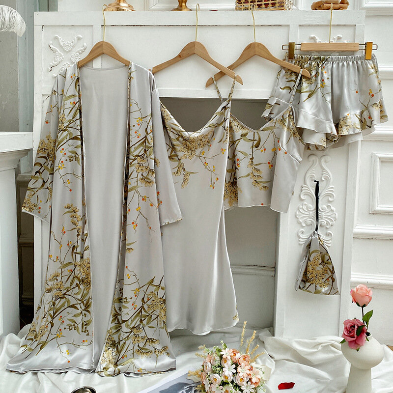 Set pigiama quattro pezzi stampato pigiameria piccola ciliegia camicia da notte in raso da donna con bretelle e pantaloncini vestiti estivi per la casa