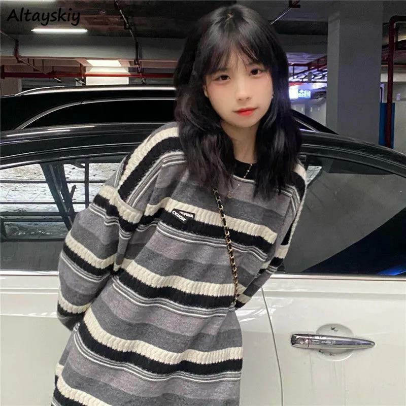 Pullovers Women Striped Loose Teens Winter Sweater Streetwear Cool Unisex College Korean Fashion All-match Tender Casual Retro