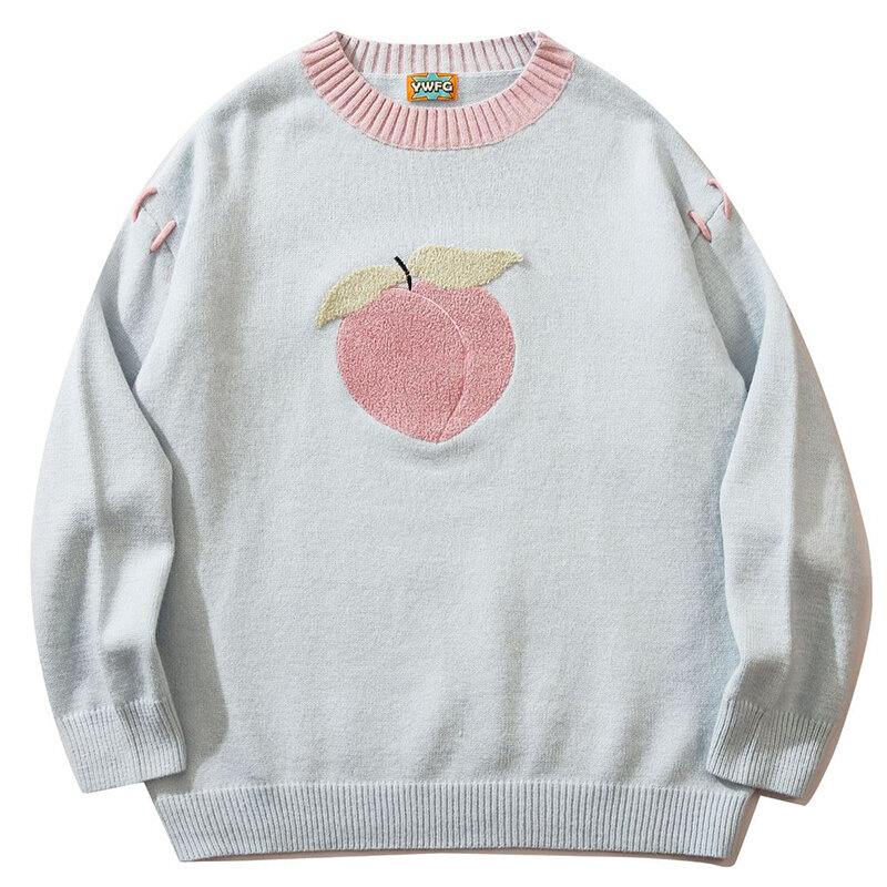 Men Japanese Harajuku Knit Sweater Causal Cute Cartoon Peach Embroidery Letter Pullover Loosed Fashion O-neck Couple Full Jumper