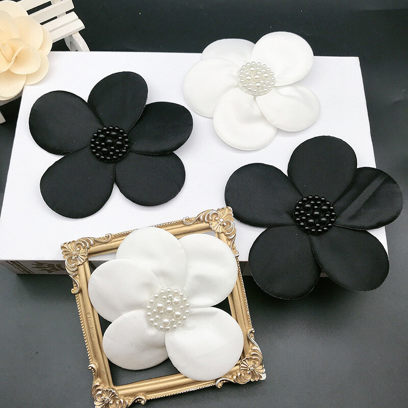 5PCS 12.5ซม.สีขาวสีดำ3D ลูกปัดลูกไม้ Applique Tempelan Bunga Motif Veil Bodice DIY เครื่องประดับดอกไม้สติกเกอร์ผ้า Accessorie