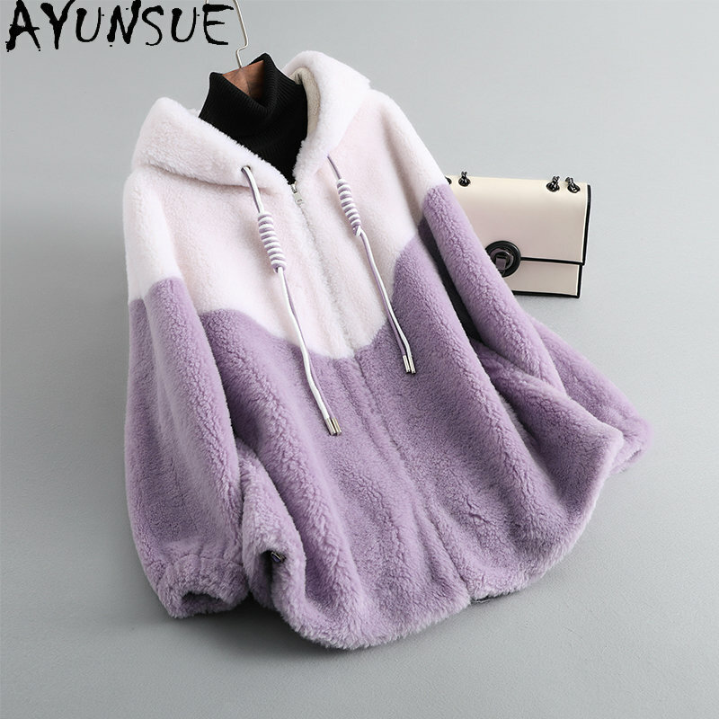 AYUNSUE куртка с капюшоном и овчиной для женщин 2023 зима 100% шерстяные пальто корейские меховые пальто и куртки женская верхняя одежда