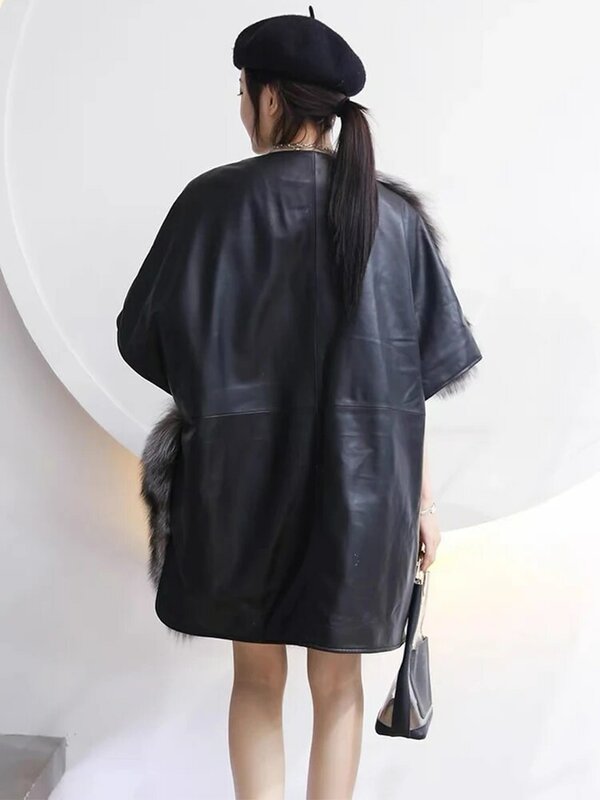 Spring High Quality Luxury Women Female Real Silver Fox Fur Genuine Sheepskin Leather Oversize Loose Short Sleeve Coat