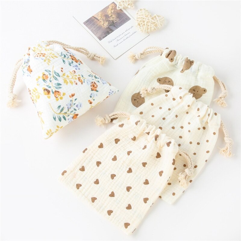 Infant Diaper Storage Bag Baby Cloth Diaper Dry Wet Bag Crepe-Cotton Baby Nappy Organize Bag Drawstring Stroller Pouch