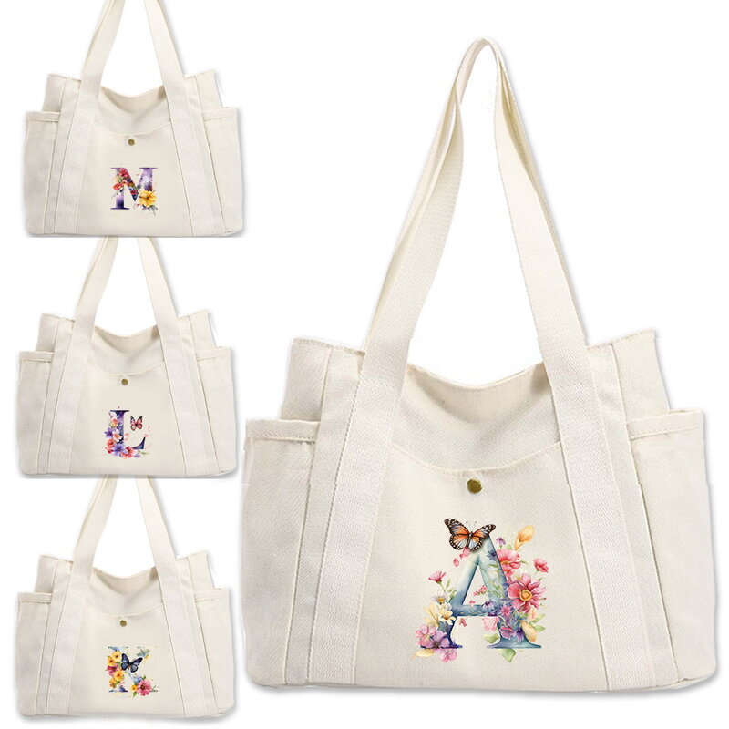 Bolso de hombro multifuncional para mujer, bolso de hombro a la moda de lona, bolsos de hombro con patrón de letras de mariposa, serie de compras