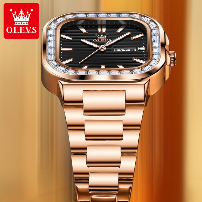 OLEVS jam tangan Quartz pria anti air, jam tangan berlian mewah, jam tangan minggu bercahaya, anti air, baja anti karat, jam Quartz mode baru 2024
