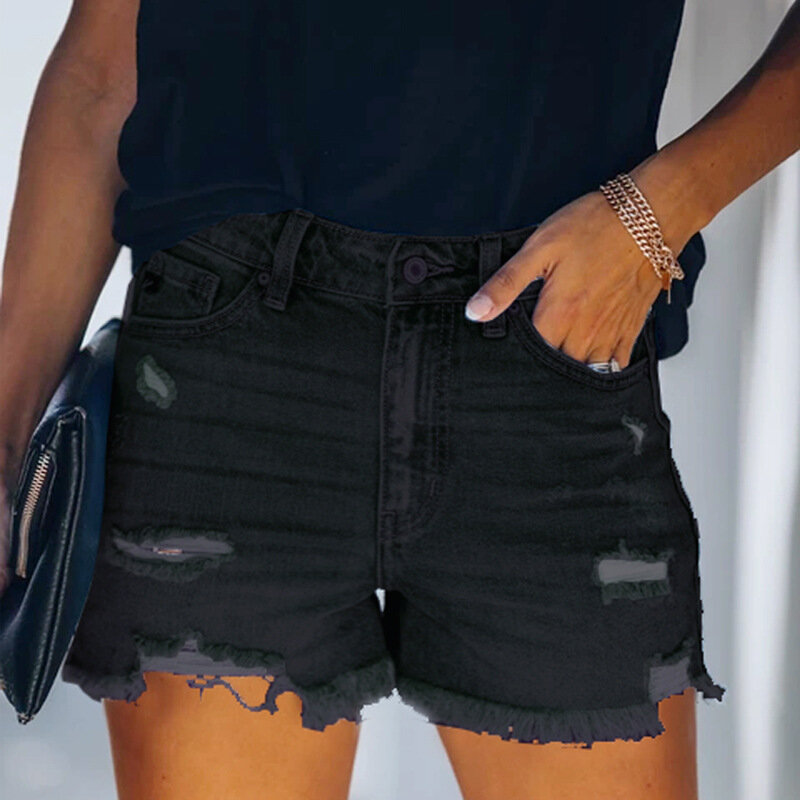 Женские джинсовые шорты, летние модные повседневные шорты с дырками и высокой талией, 2023