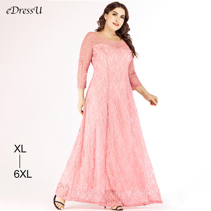 EDressU Plus Size abito da sera da sera in pizzo da donna 3/4 manica A-line rosa lungo grande 4XL 5XL 6XL abito per la madre della sposa SJ-1868