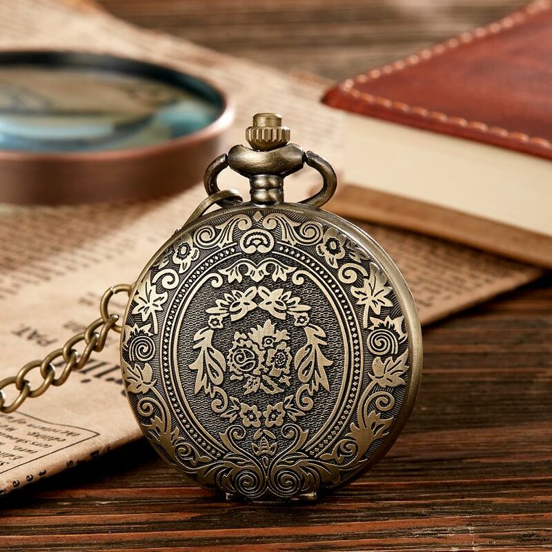 Antigo steampunk vintage algarismos árabes relógio de bolso de quartzo floral padrão caso colar pingente de relógio corrente