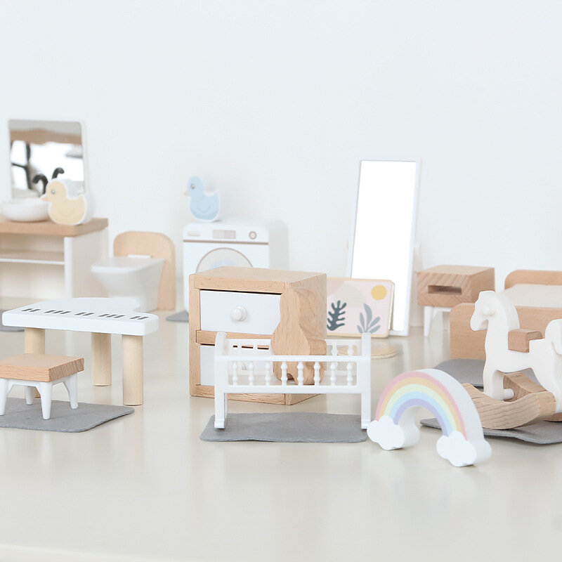 Aksesori kayu DIY Set dekorasi rumah boneka furnitur Mini termasuk ruang makan kamar tidur dapur dan ruang bayi mainan