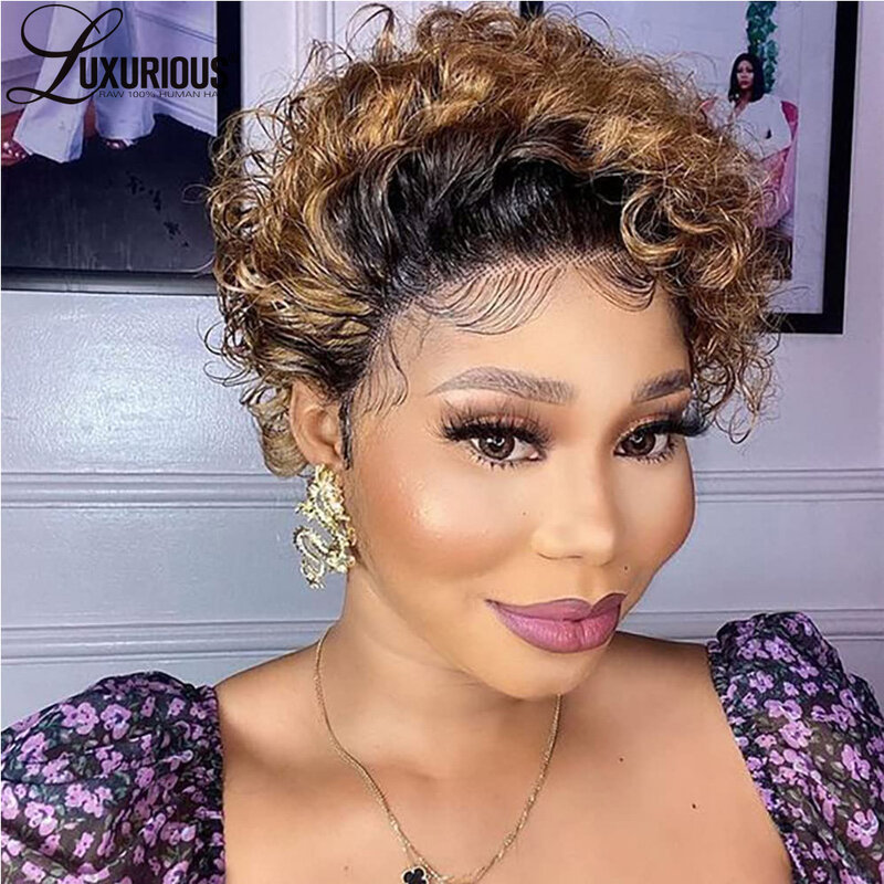 13x1 Short Pixie Cut Lace Front Wig Ombre Curly Pre Plucked Wig For Women Brazilian Human Hair Hd Transparent Lace Frontal Wigs