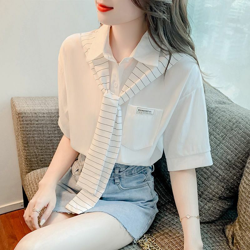 Blusa feminina de chiffon bandagem listrada, camisas de manga curta, cardigã gola polo, tops de botões, cor sólida, nova moda, verão, 2024
