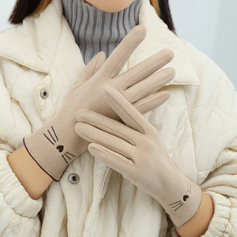 ถุงมือกันหนาวสำหรับผู้หญิง, ถุงมือกันหนาวถักลายการ์ตูนแมวน่ารักมีความยืดหยุ่นนุ่มให้ความอบอุ่นในฤดูใบไม้ร่วงฤดูหนาว