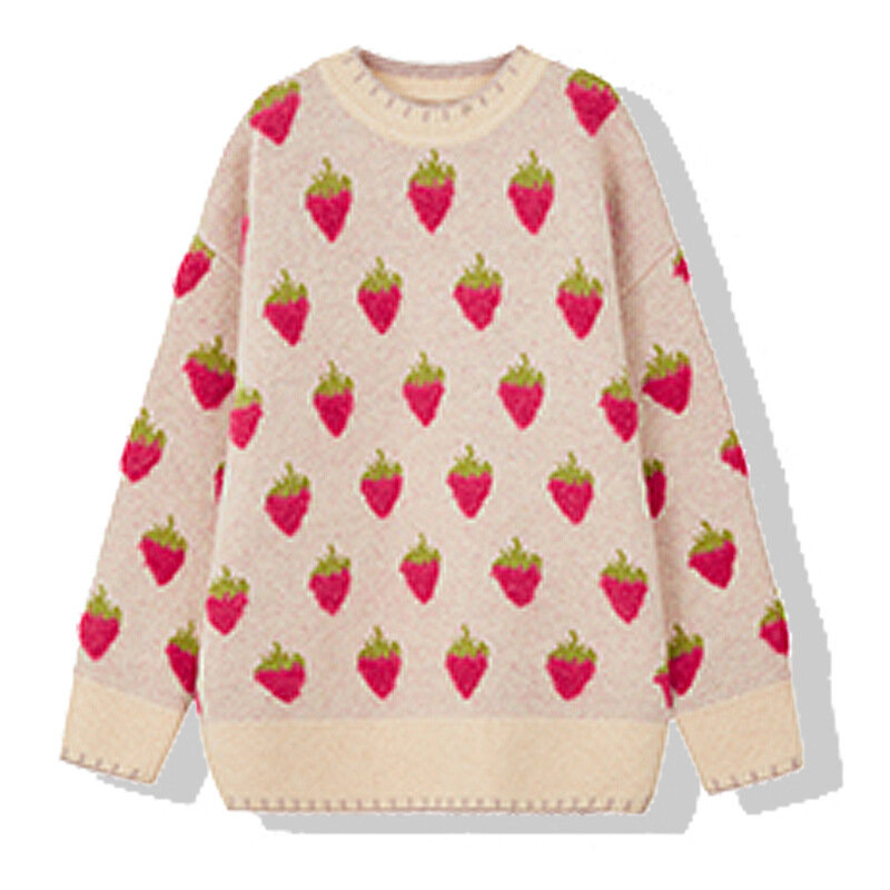 2023 Frauen rosa niedlichen Erdbeer-Strick pullover Herbst Winter Langarm lässig Pullover koreanischen Stil Kawaii Strick pullover