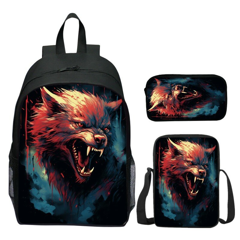Angry Wolf 프린트 어린이 배낭 세트, 학생 학교 가방, 소년 거미 패턴 책가방, 십대 노트북 백팩, 고품질, 3 개