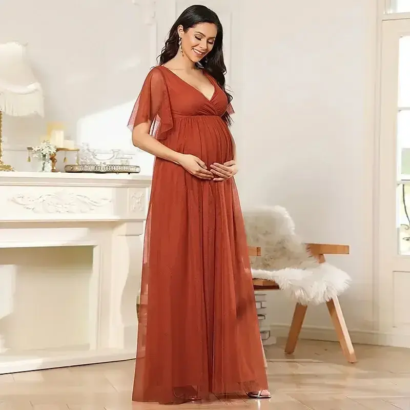 Elegancka suknia ciążowa ciążowe suknie wieczorowe V Neck solidna sukienka ciążowa na studniówkę Baby Shower mama fotografia ubrania