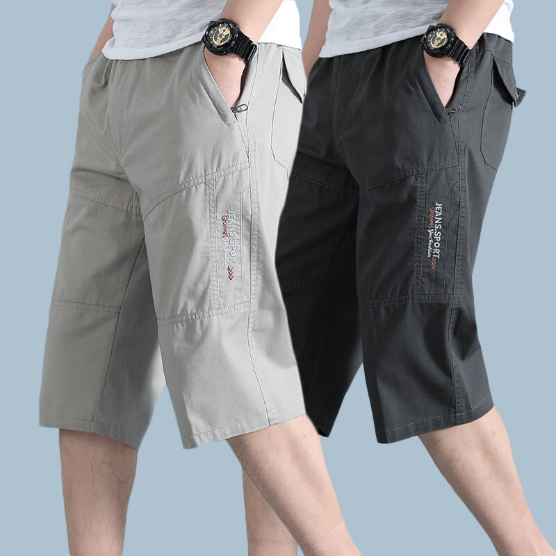 Calça de joelho bordada carta masculina, roupa casual, bolsos que combinam com tudo, cintura média, elástica, solta, reta, nova, moda verão
