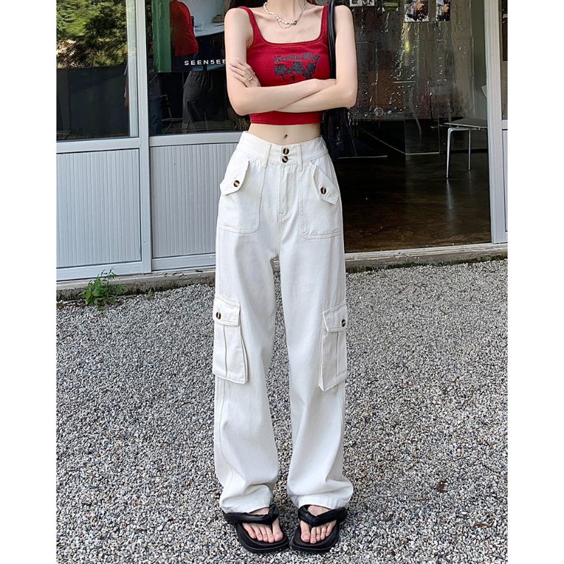 Amerykańska moda Vintage modne luźne, wszechstronne dżinsy damskie jednokolorowe guziki na suwak z wysokim stanem kieszenie letnie pikantne dziewczęce spodnie robocze