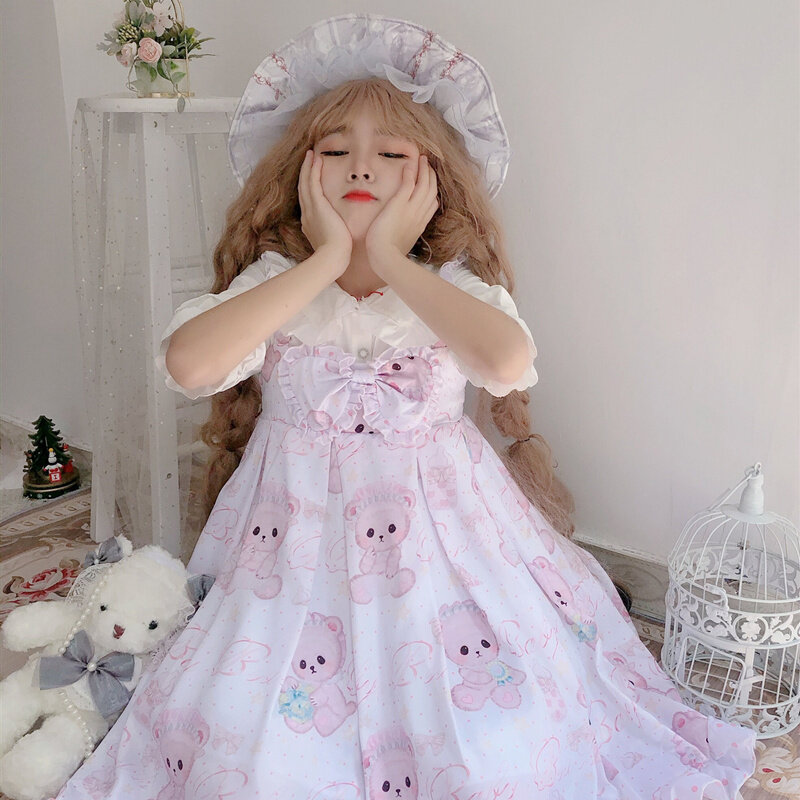 일본 여름 달콤한 소녀 로리타 드레스, 부드러운 소녀 민소매 스트랩, 귀여운 나비 리본, 아기 곰 파티, 공주 JSK 코스프레 러브