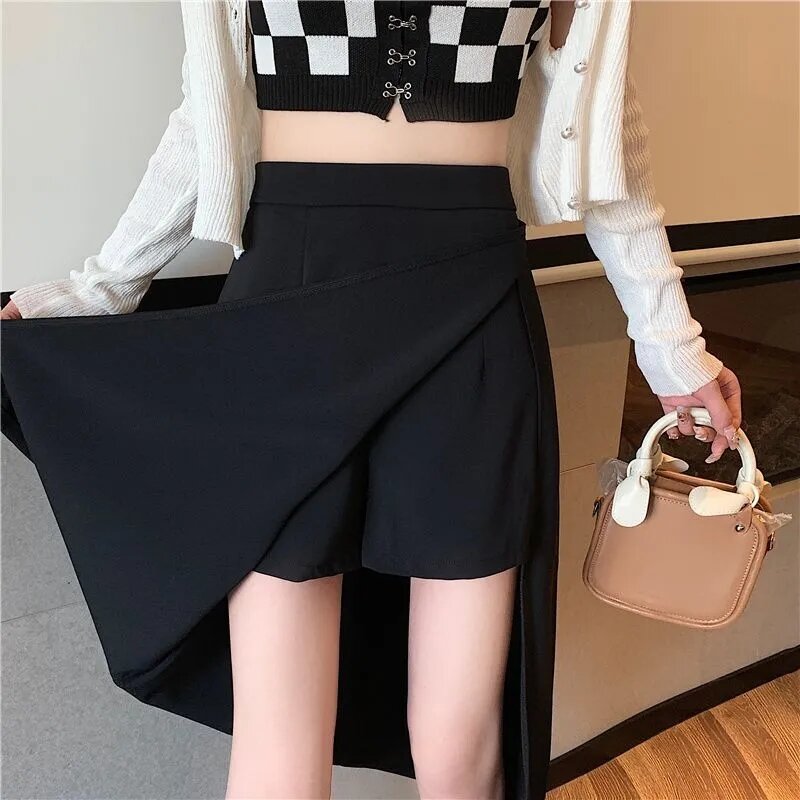 Spring Summer New Black Split Hem Mid Length A-line Skirt Solid Color Loose All-match Skirts Simplicity Fashion Women Clothing