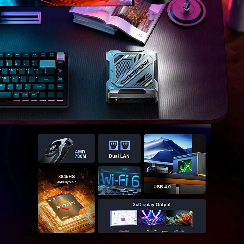 Chatreey-Mini PC de jeu AN3 avec éclairage coloré, ordinateur de bureau, WiFi 6, BT 780, R7 7840HS, 8845HS, 5.0 m