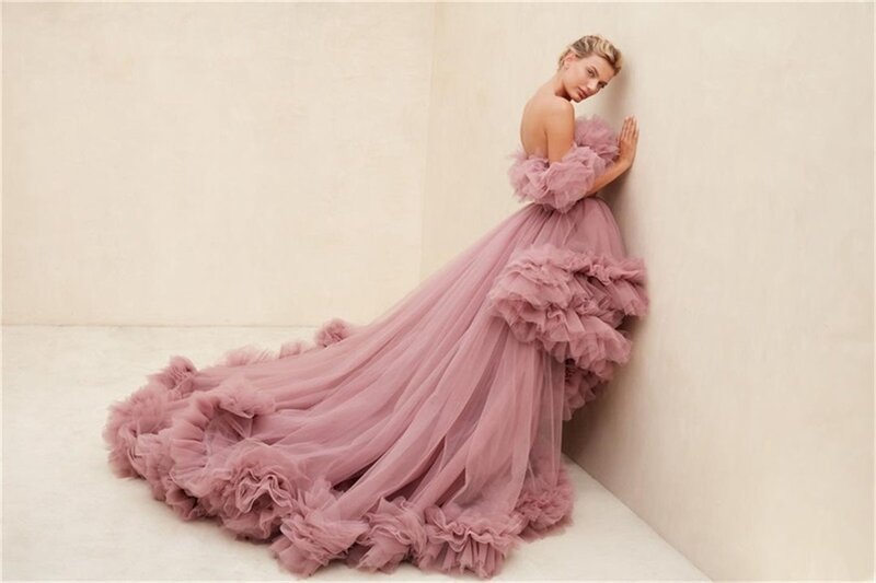 Women Party Gown Prom Dress Hi-Lo Bridal Photograph Tulle Robes Long Ruffled Fluffy Celebrity Dresses Photo Shoot Customize