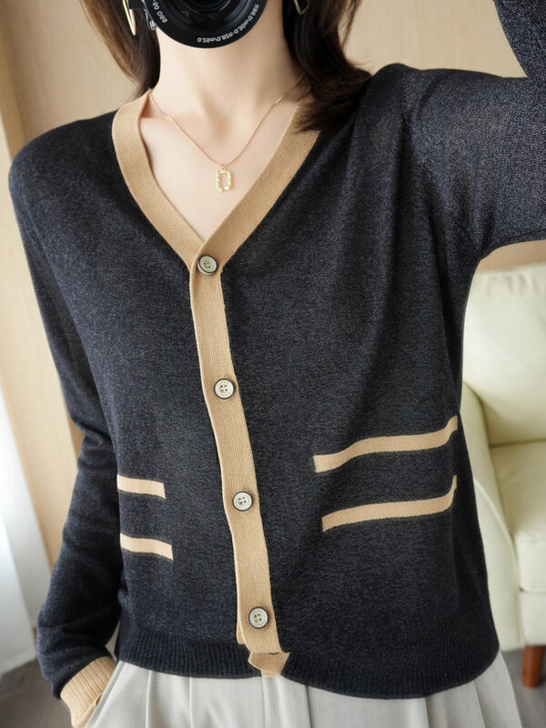 2022 Spring And Summer New Wool Knitted Cardigan Women's Coat Bottoming V-Neck Loose Long-Sleeved Small Fragrance Style Sweater