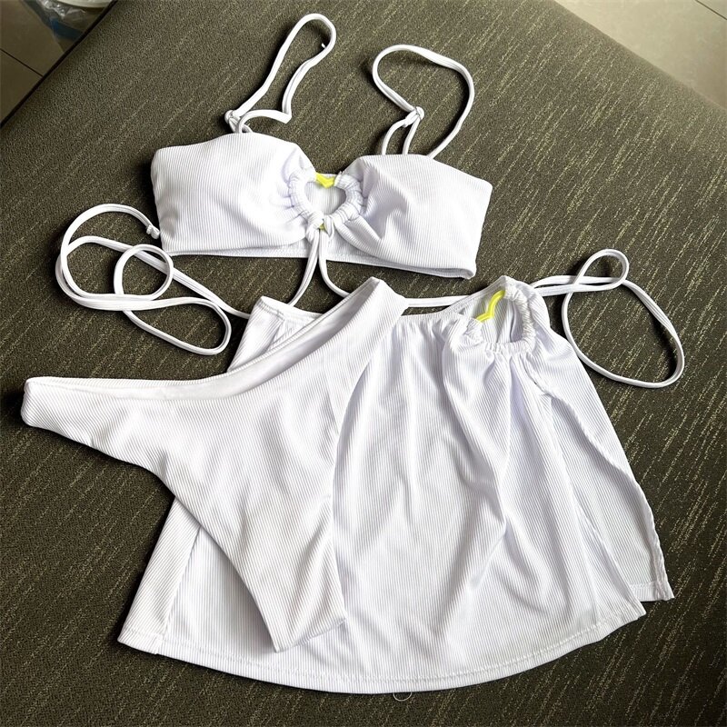 3-częściowy jednokolorowy Bikini damskie strój kąpielowy Top + bielizna krótka Mini sukienka na studniówkę letnia spódnica na plaży gorąca dziewczyna