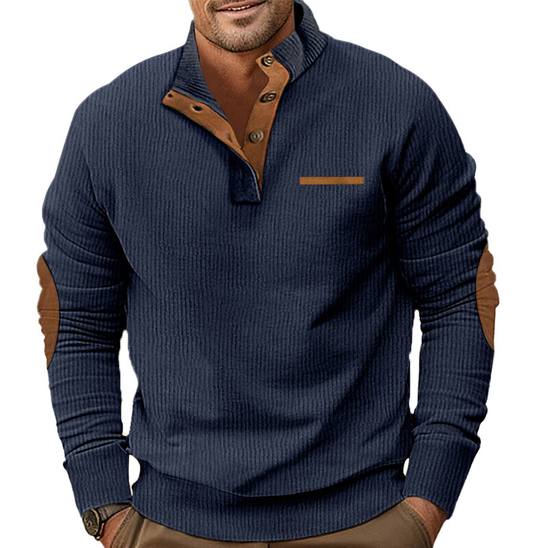 Kaus kerah berdiri pria longgar lengan panjang atasan olahraga luar ruangan Pullover kain poliester hitam/biru laut/merah/aprikot/putih