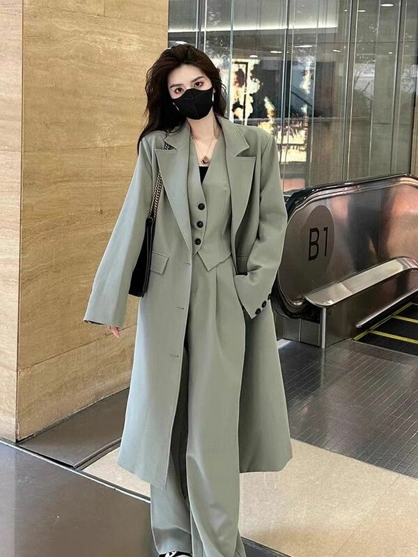 2-A5 Loose high-end suit for women in autumn big-name solid color single-breasted ide-leg pants three-piece set women's coat wi