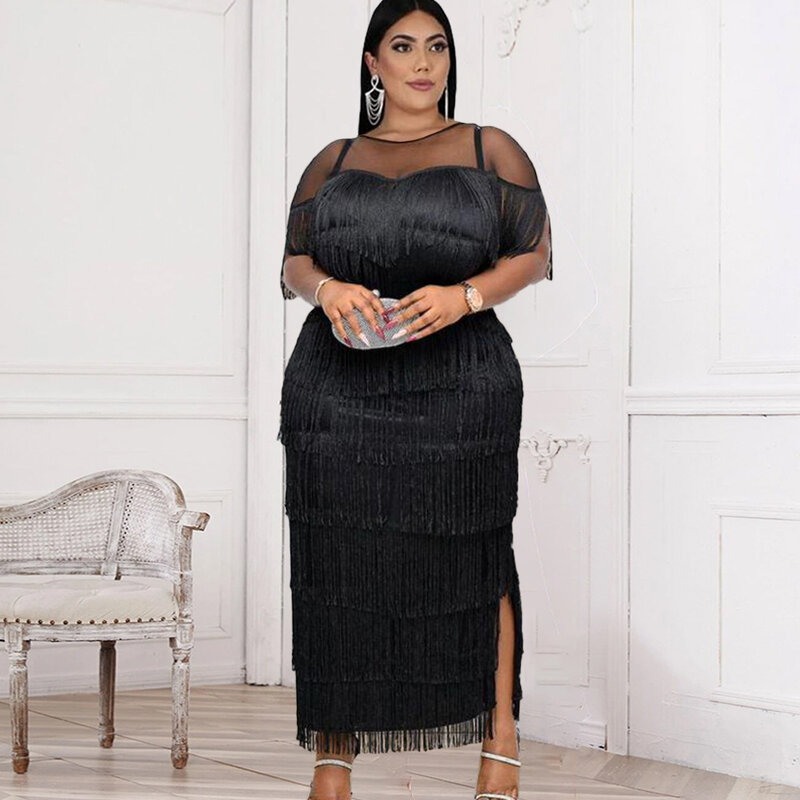 Plus Size Elegant Women's Dresses For Party 2023 Summer Tassel Fringed Dress Casual Robe Evening Cloth Long Prom Fashion Outfit