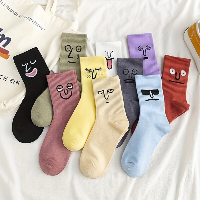 Kaus kaki Emoticon pria dan wanita kualitas terbaik 5/10 pasang, kaus kaki kasual warna permen kartun, kaus kaki emotikon trendi untuk pasangan