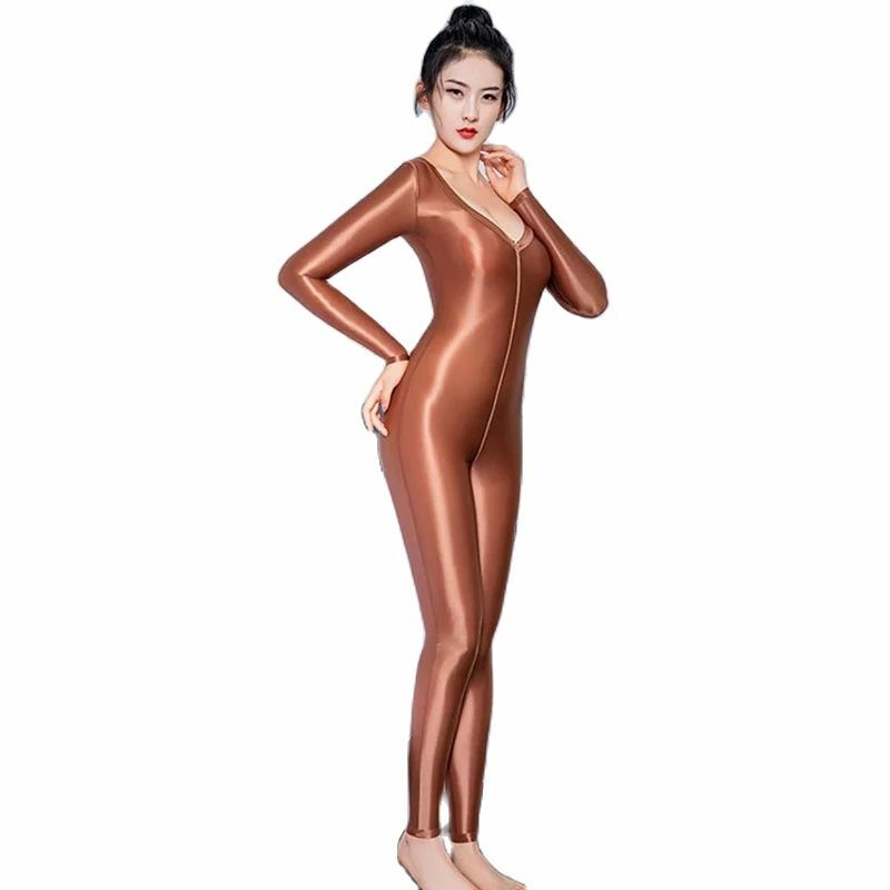 Candy Color Sexy Shapewear Women's Deep V-Neck Bodysuit Oil Glossy Hollow Out ZIpper Open Crotch Sheer Smooth Pants Tight