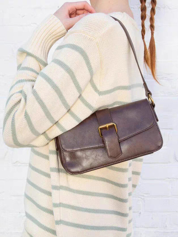 Bolso de hombro marrón Vintage para mujer, moda de alta calidad, PU, bajo el brazo, informal, Simple, sólido, 2023