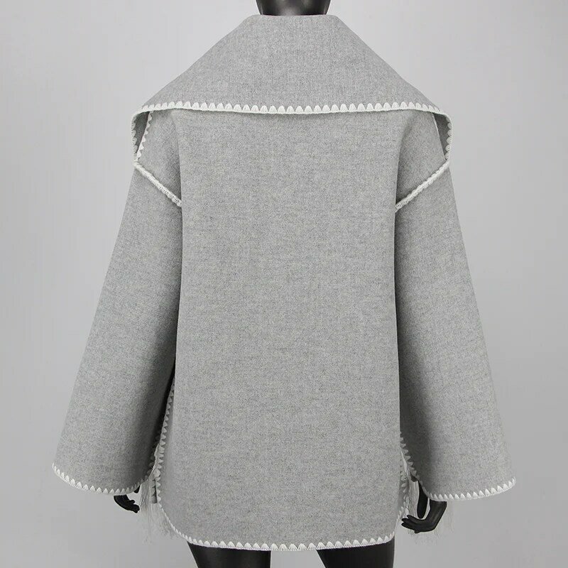 Real Silver Fox Fur Pocket Winter Women Jacket Wool Blends Cashmere Coat Knitted Tassel Scarf Collar Loose Outerwear