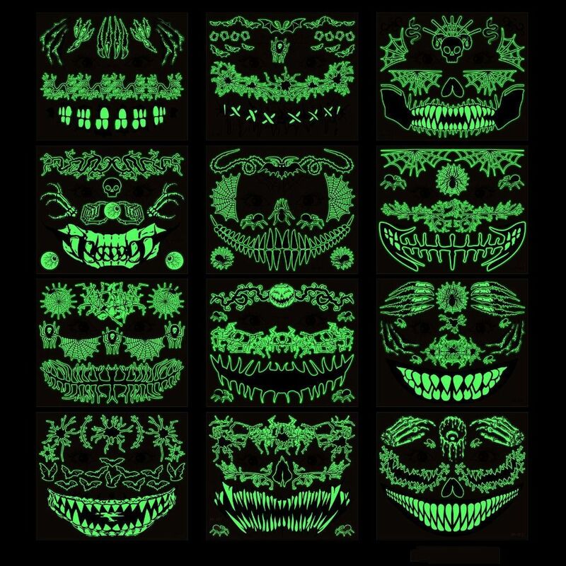 Luminous Halloween Tattoo Sticker, Glow Decalques, Scary Green Water Transfer Adesivos, Fantasma Brilhante, Boca, Arte Corporal