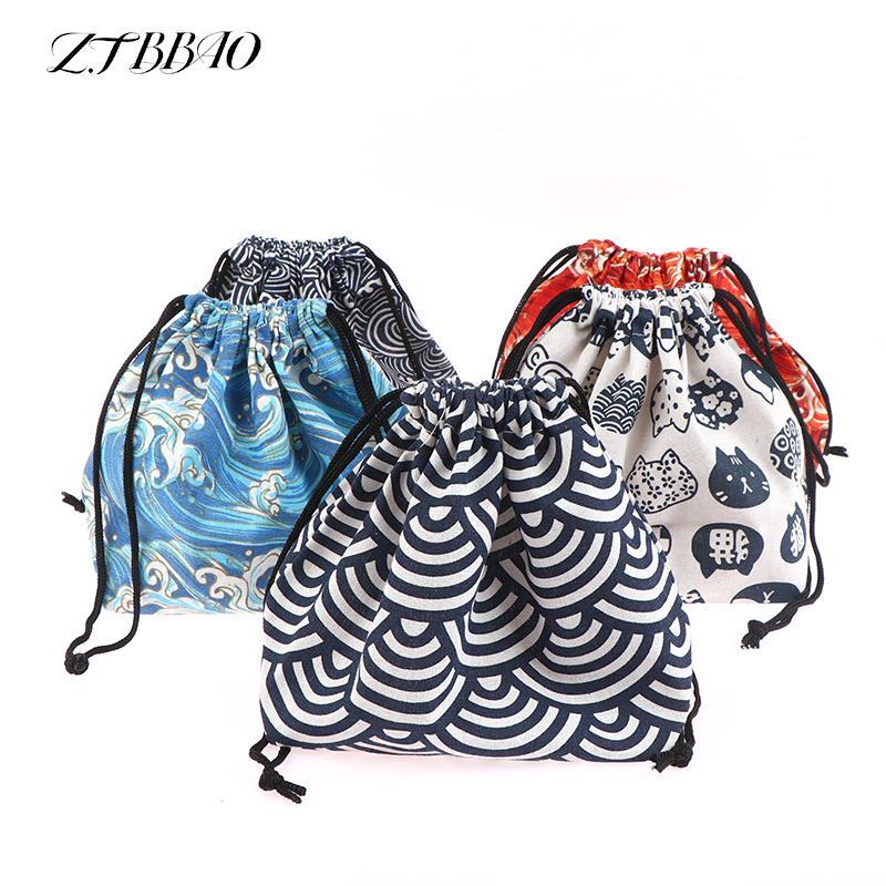 Lancheira com cordão estilo japonês, saco de cordão para viagens, piquenique, portátil, fácil de lavar, Bento, bolsa de lona, 1pc