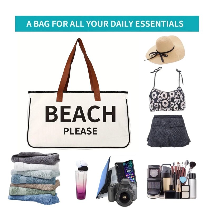 حقيبة سفر من القماش مع رسالة مطبوعة ، حقيبة يد للنساء ، شاطئ ، عطلة ، عتيقة ، صيفية