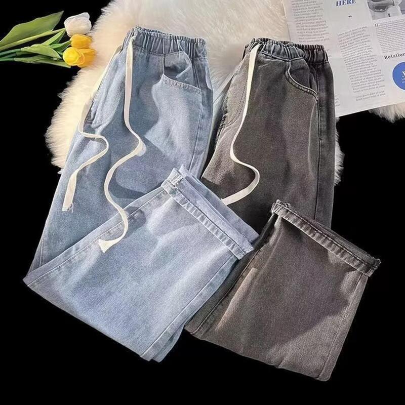 Męskie spodnie na co dzień elastyczny sznurek do ściągania talii kieszenie spodnie dżinsowe szerokie nogawki luźny dżins spodnie