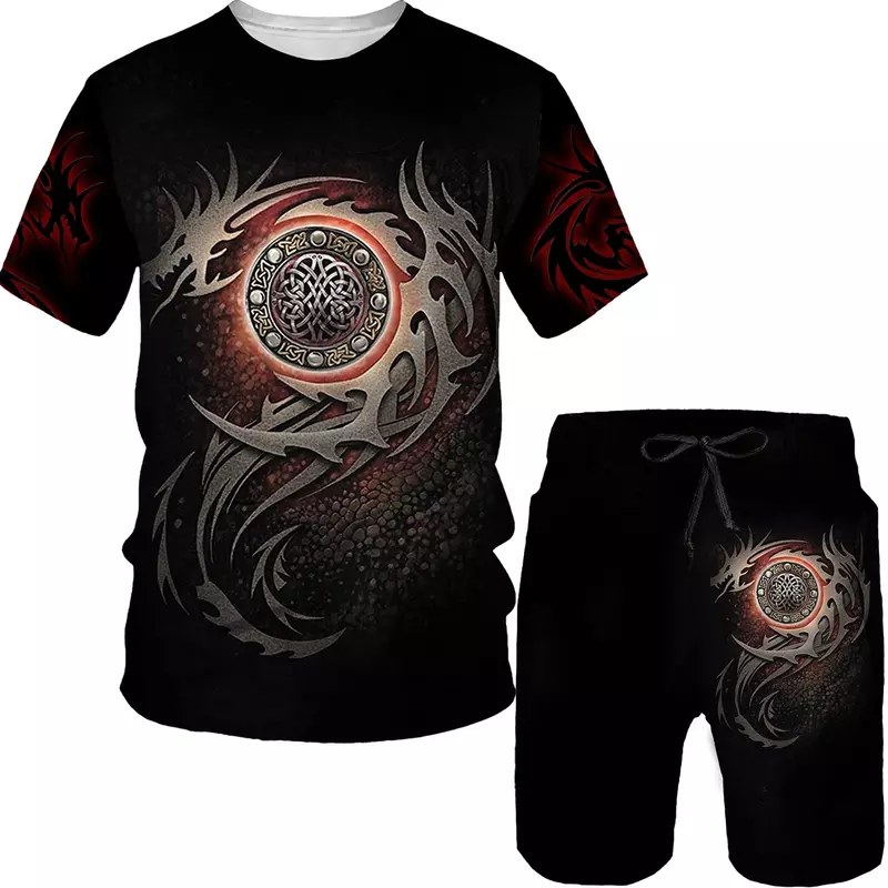 Nieuwe Drakenpatroon 3d Print Heren T-Shirt Sets Zomer Casual Ronde Hals T-Shirt Short Tweedelige Set Trendy Man Kleding Pullover