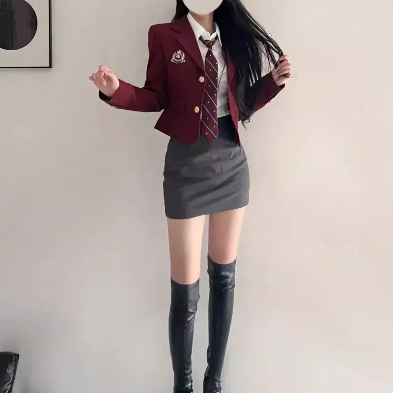 Blazer de manga comprida e saia feminina, uniforme JK doce do Japão, estilo formal, moda casual, terno de primavera, roupas de outono, 3 peças